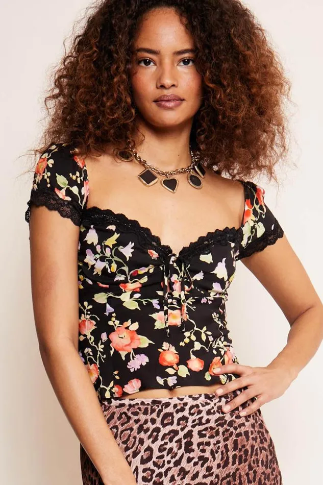 Rixo Tops Women Rosella LaceTrim Top Waterblossom Black