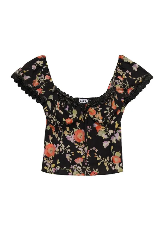 Rixo Tops Women Rosella LaceTrim Top Waterblossom Black