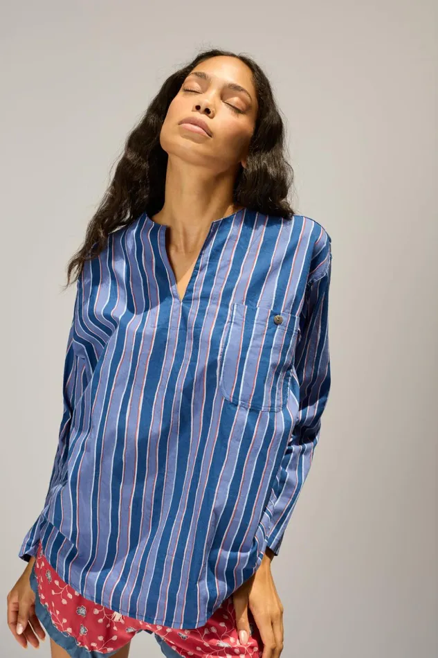 Ryan Shirt Batik Stripe Navy Women Natalie Martin Tops Ryan Shirt Batik Stripe Navy Women Natalie Martin Tops