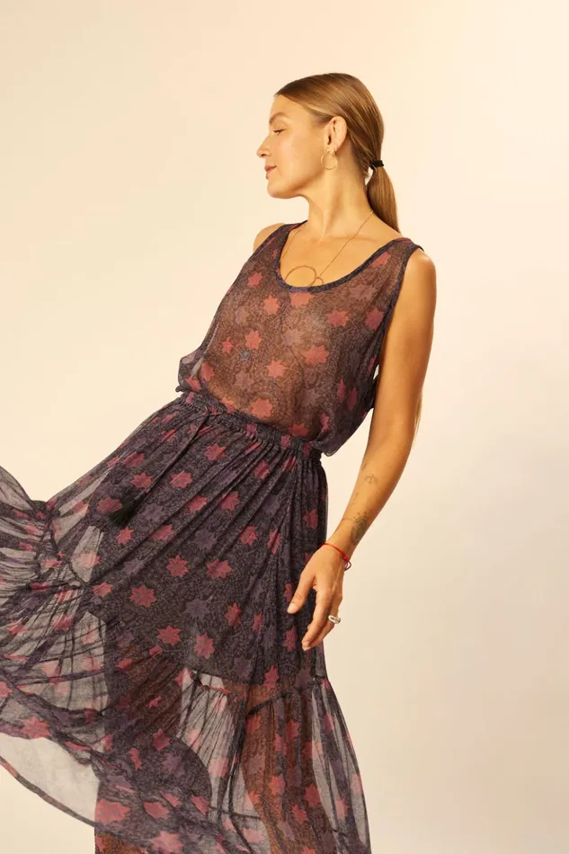 Sierra Skirt Chiffon Snowflake Aubergine Women Natalie Martin Bottoms