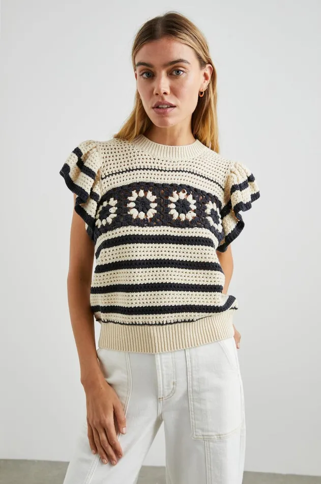 Sweaters Women Rails Penelope Top Oat Navy Crochet Stripe