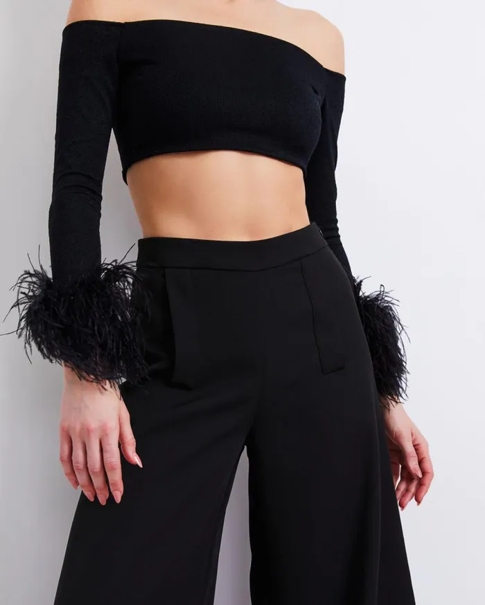 Tops and Bodysuits Women Patbo Feather Trim Knit Top Black