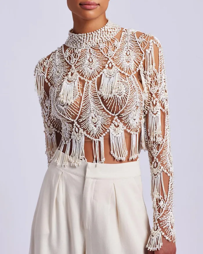 Tops and Bodysuits Women Patbo HandBeaded High Neck Top White