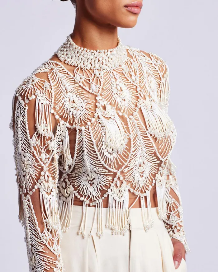 Tops and Bodysuits Women Patbo HandBeaded High Neck Top White