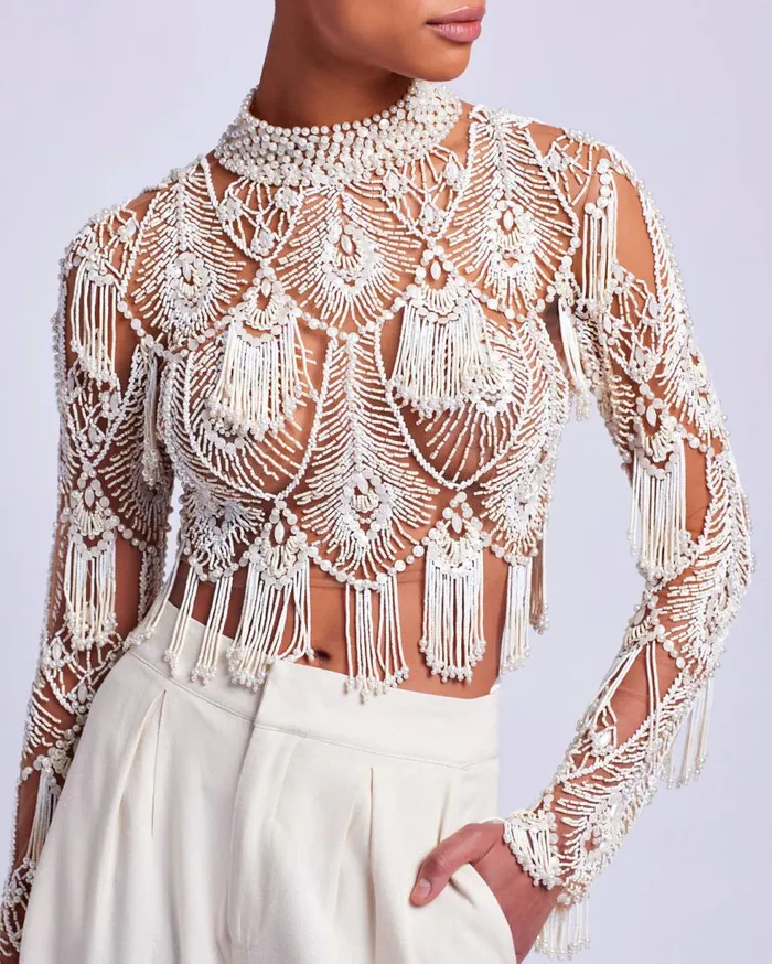 Tops and Bodysuits Women Patbo HandBeaded High Neck Top White