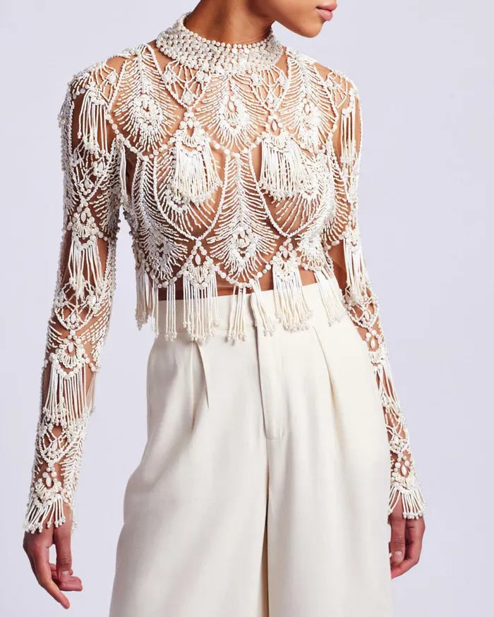 Tops and Bodysuits Women Patbo HandBeaded High Neck Top White
