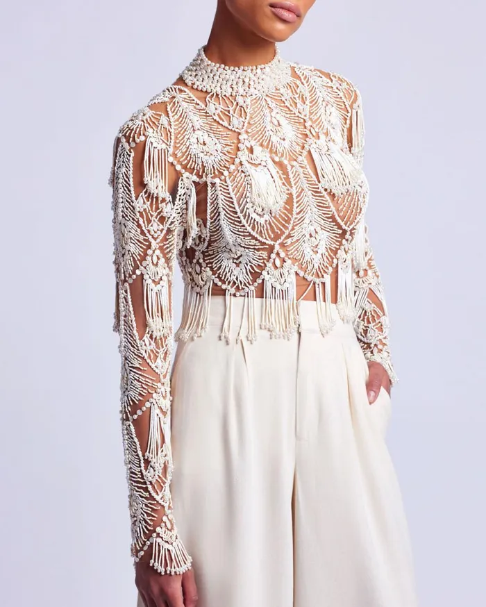 Tops and Bodysuits Women Patbo HandBeaded High Neck Top White