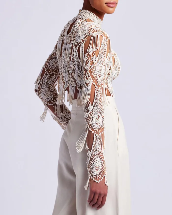 Tops and Bodysuits Women Patbo HandBeaded High Neck Top White