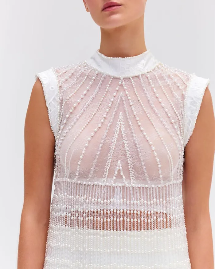 Tops and Bodysuits Women Patbo HandBeaded Lace Top White