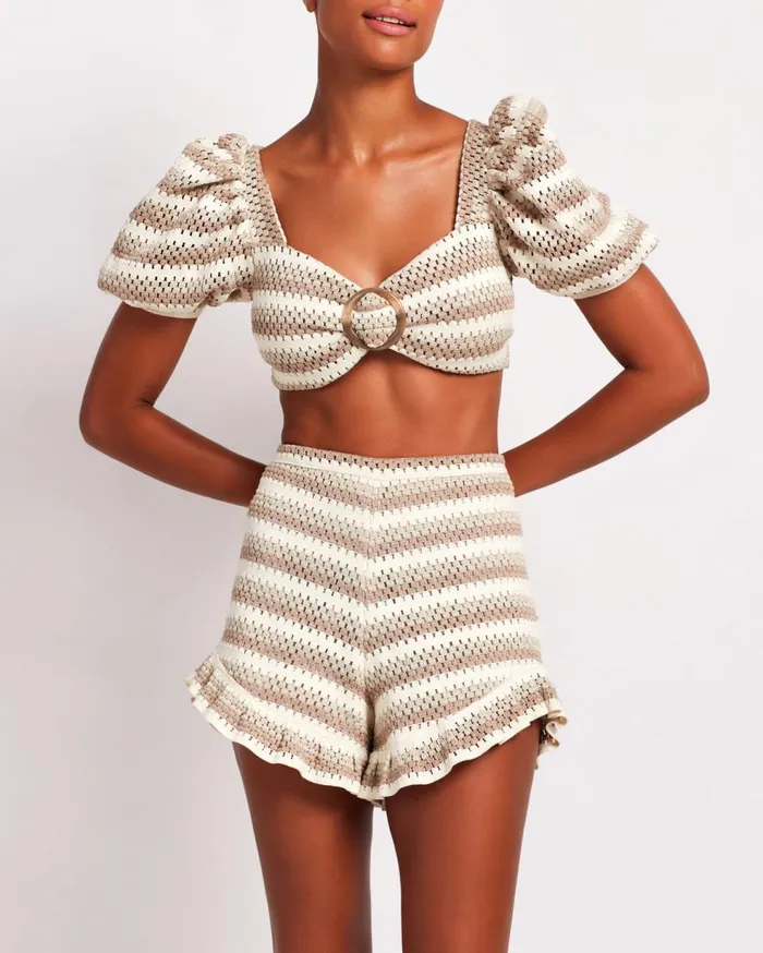 Tops and Bodysuits Women Patbo Striped Crochet Puff Sleeve Cropped Top Natural