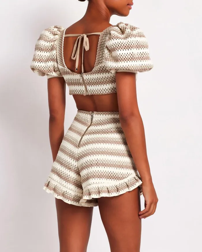 Tops and Bodysuits Women Patbo Striped Crochet Puff Sleeve Cropped Top Natural