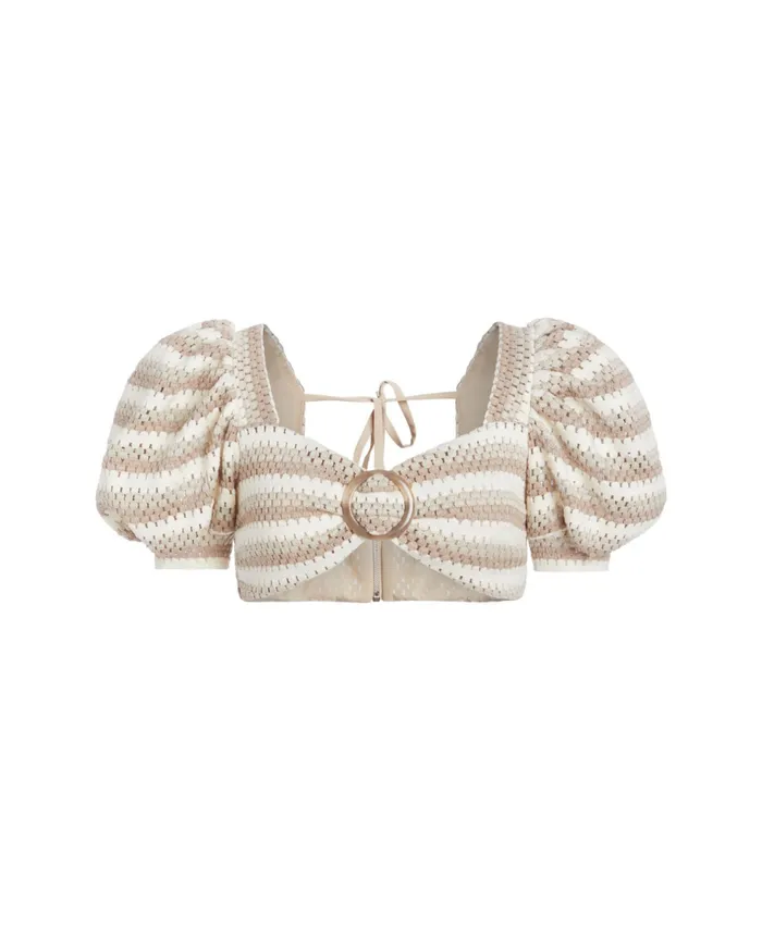Tops and Bodysuits Women Patbo Striped Crochet Puff Sleeve Cropped Top Natural