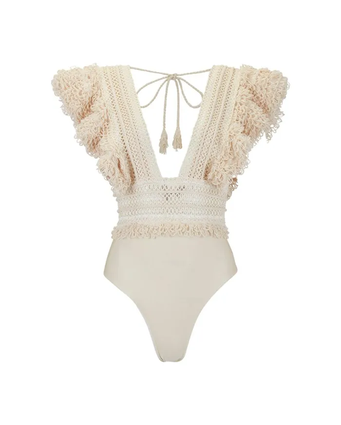Tops and Bodysuits Women Patbo Woven Trim Bodysuit Wheat Tops and Bodysuits Women Patbo Woven Trim Bodysuit Wheat