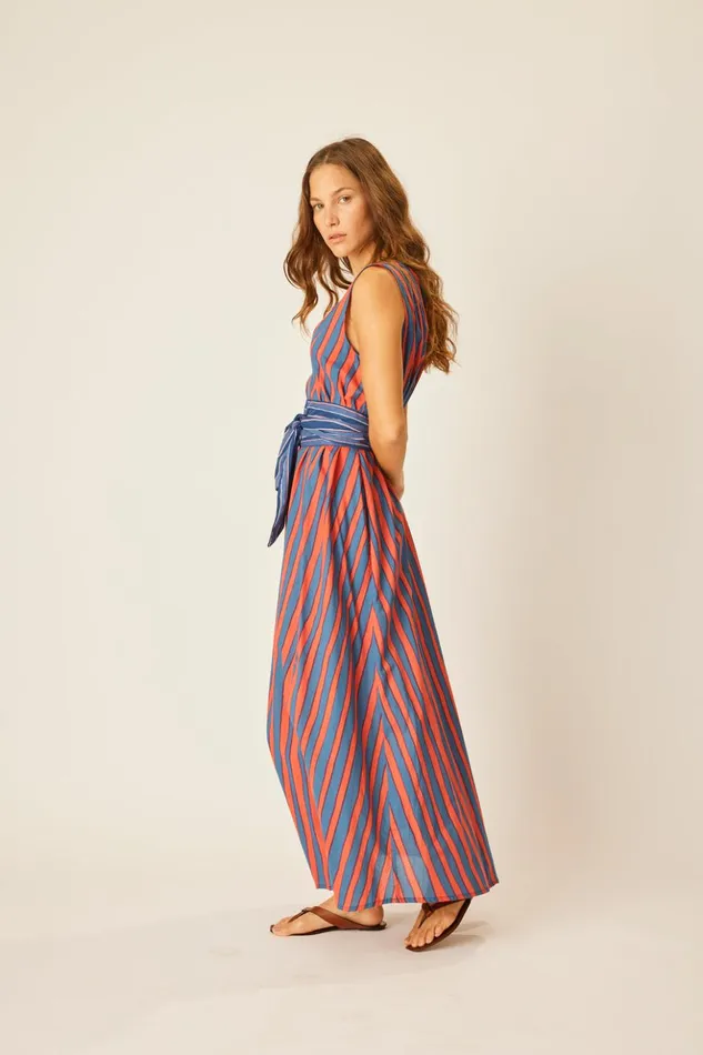 Tova Maxi With Contrasting Belt Batik Stripe Blood Orange Women Natalie Martin Dresses