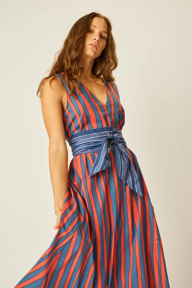 Tova Maxi With Contrasting Belt Batik Stripe Blood Orange Women Natalie Martin Dresses