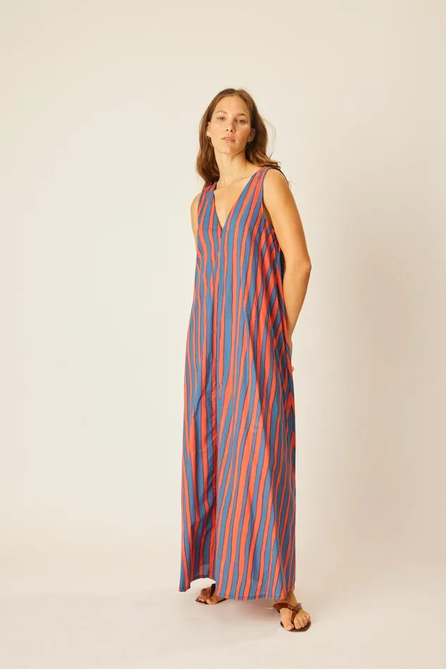 Tova Maxi With Contrasting Belt Batik Stripe Blood Orange Women Natalie Martin Dresses