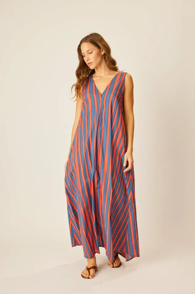 Tova Maxi With Contrasting Belt Batik Stripe Blood Orange Women Natalie Martin Dresses