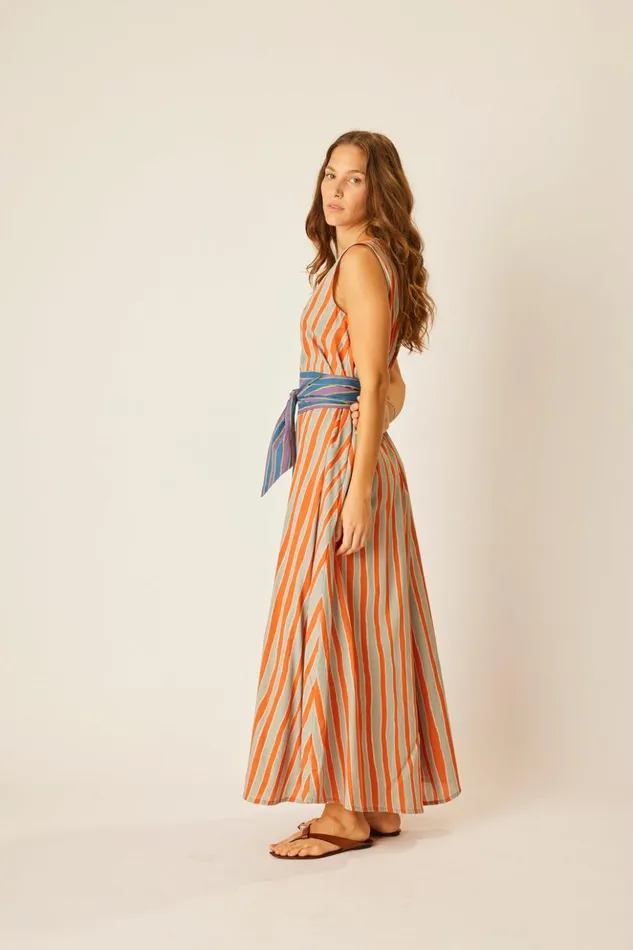 Tova Maxi With Contrasting Belt Batik Stripe Sage Women Natalie Martin Dresses