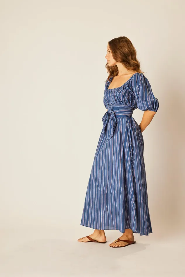 Vivi Dress With Matching Sash Belt Batik Stripe Navy Women Natalie Martin Dresses