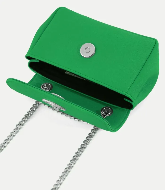 Wallets And Purses Women Vivienne Westwood Saffiano Biogreen Small Purse With Chain In BrightGreen