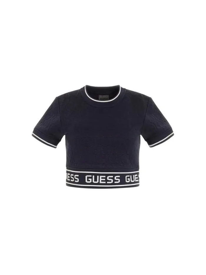 Women 3d Jacquard Logo Crop Top Blue Guess Activewear