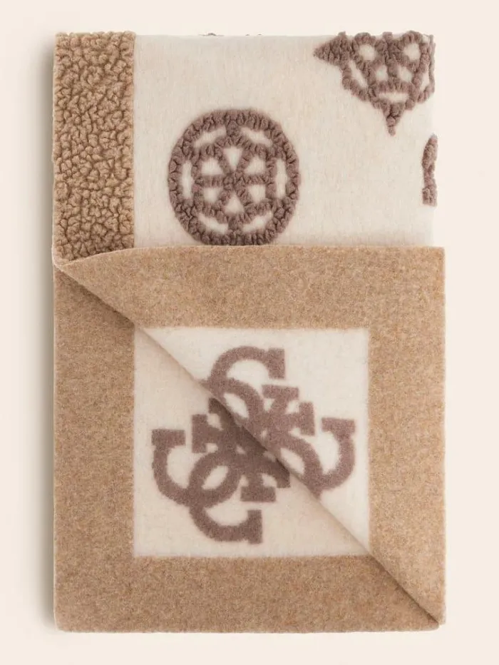 Women 4g And Peony Logo Wool Blanket Beige Guess Home Collection
