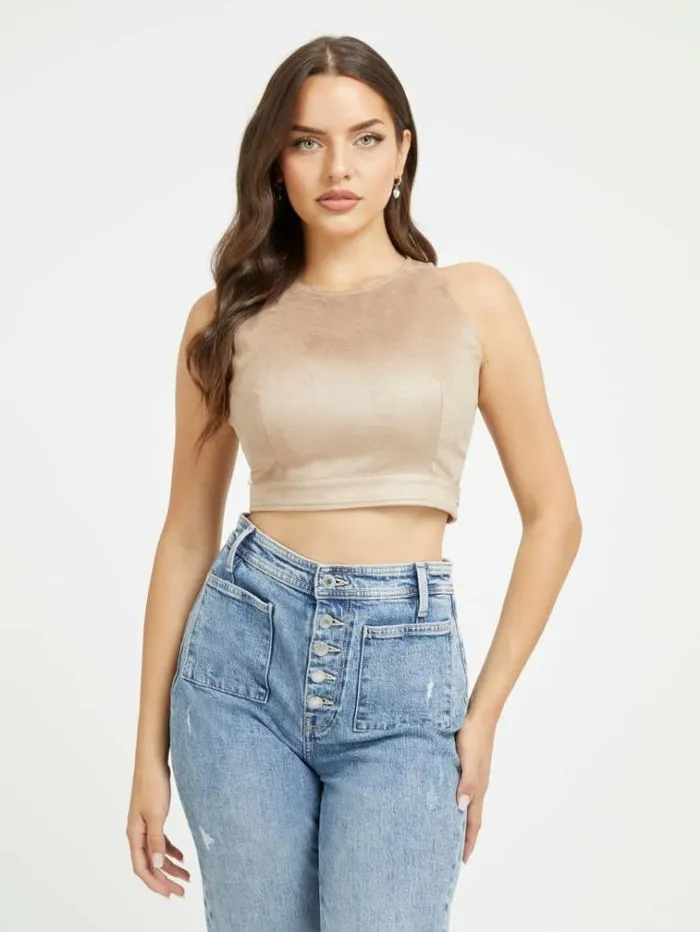 Women 4g Logo Faux Suede Top Beige Guess Tops And Shirts
