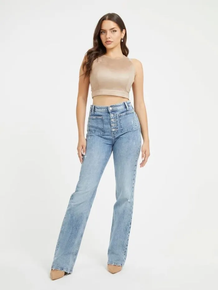 Women 4g Logo Faux Suede Top Beige Guess Tops And Shirts