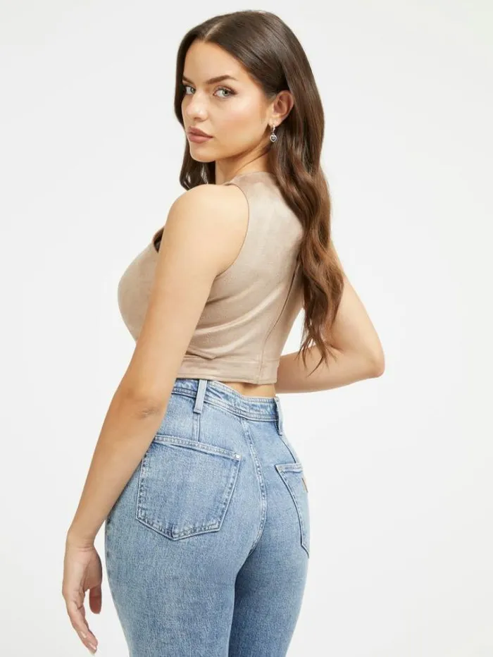 Women 4g Logo Faux Suede Top Beige Guess Tops And Shirts