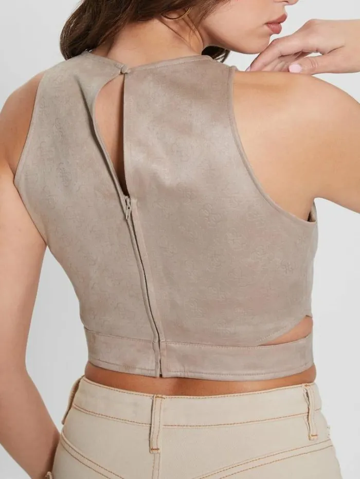 Women 4g Logo Faux Suede Top Beige Guess Tops And Shirts