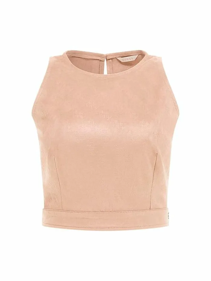 Women 4g Logo Faux Suede Top Beige Guess Tops And Shirts