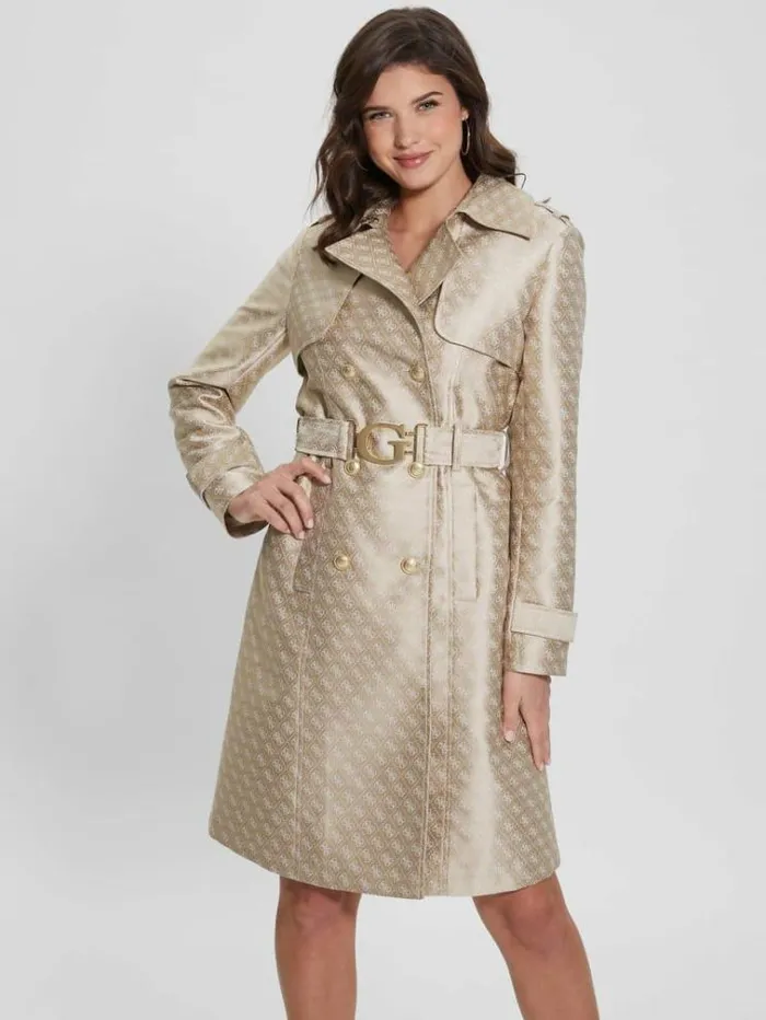 Women 4g Logo Jacquard Trench Coat Beige Guess Coats And Jackets