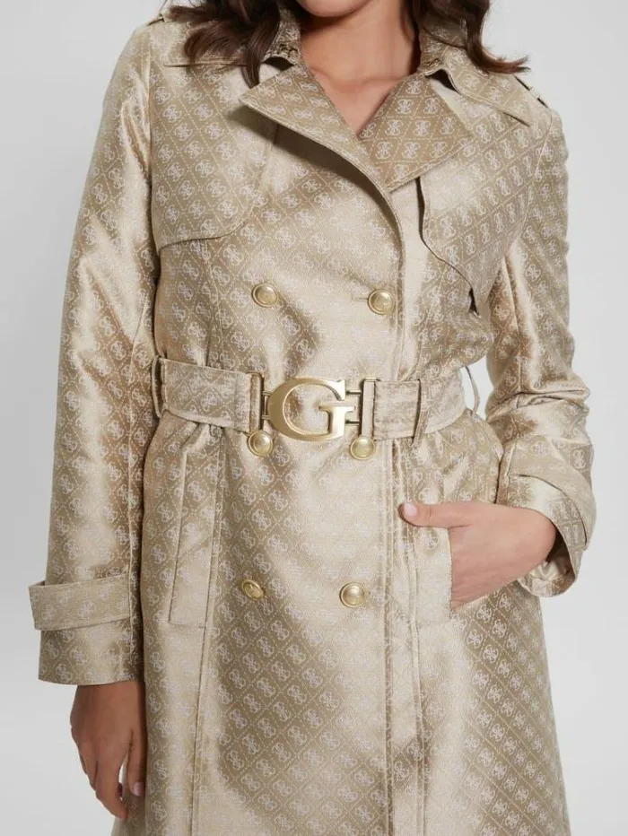 Women 4g Logo Jacquard Trench Coat Beige Guess Coats And Jackets