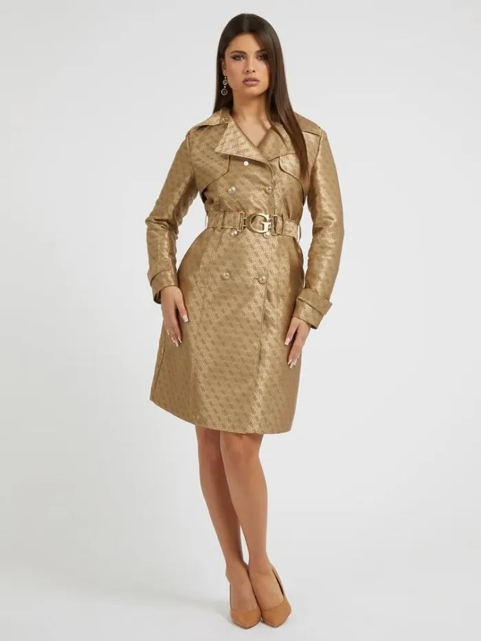 Women 4g Logo Jacquard Trench Coat Brown Multi Guess Coats And Jackets