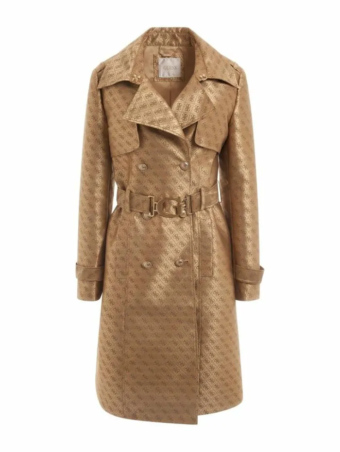 Women 4g Logo Jacquard Trench Coat Brown Multi Guess Coats And Jackets