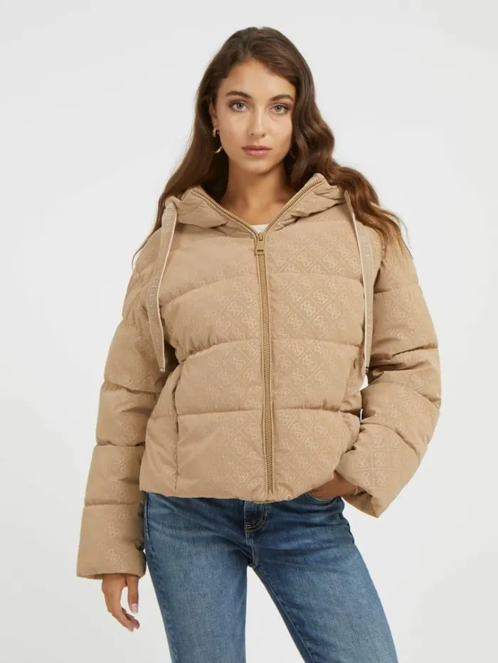 Women 4g Logo Puffer Beige Guess Coats And Jackets