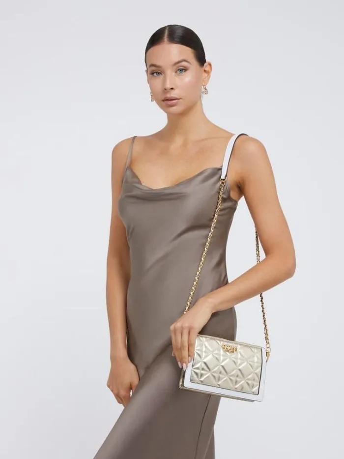 Women Abey Laminated Mini Crossbody Gold Guess Crossbody Bags
