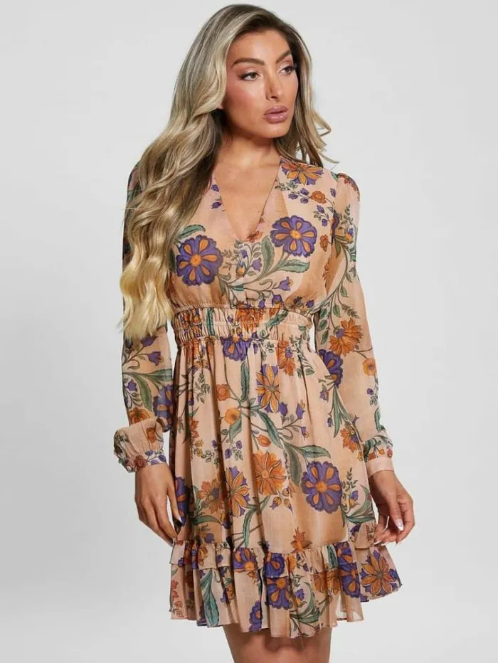 Women All Over Print Mini Dress Floral Pink Guess Dresses And Jumpsuits