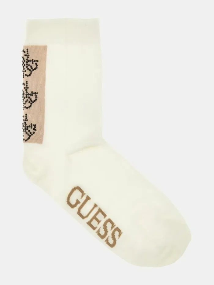 Women Back Rhinestones Logo Band Socks Cream Guess Underwear