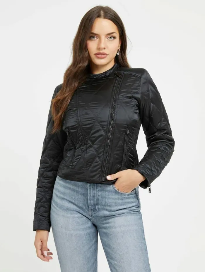 Women Back Triangle Logo Puffer Black Guess Coats And Jackets