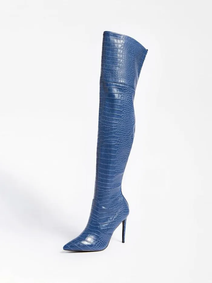Women Baiwa Croc Print High Boot Blue Guess Boots And Booties