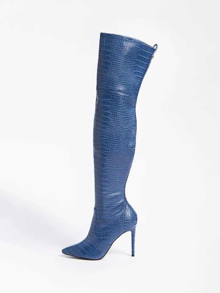 Women Baiwa Croc Print High Boot Blue Guess Boots And Booties