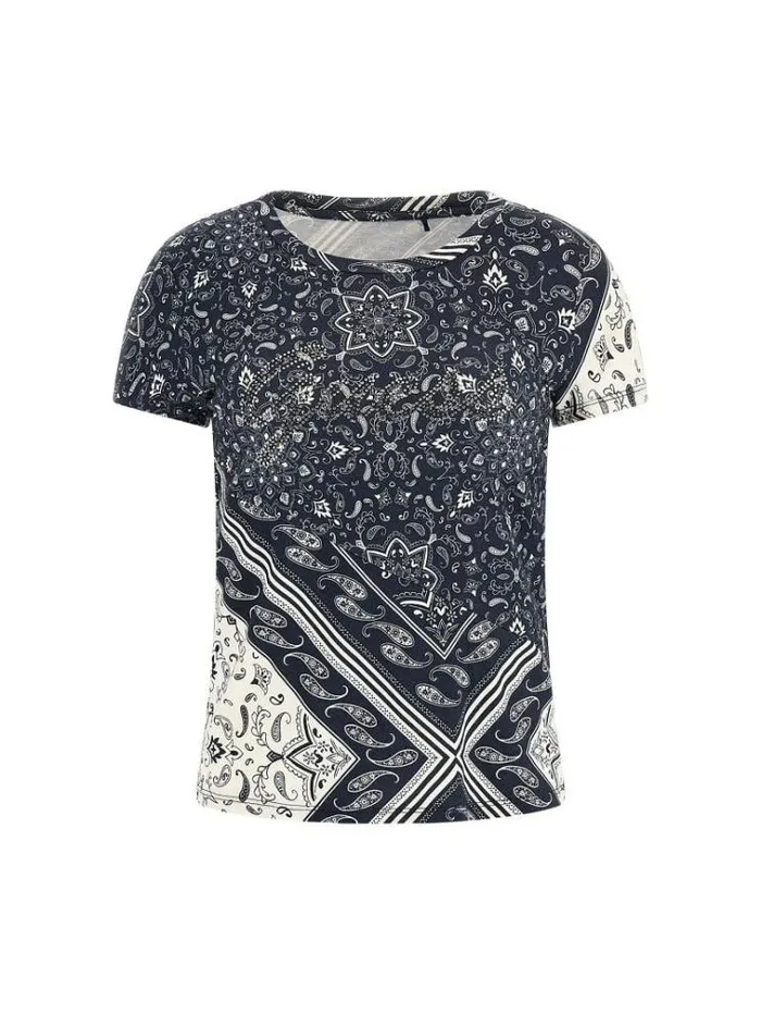 Women Bandana Print Stretch Tshirt Blue Guess Tshirts