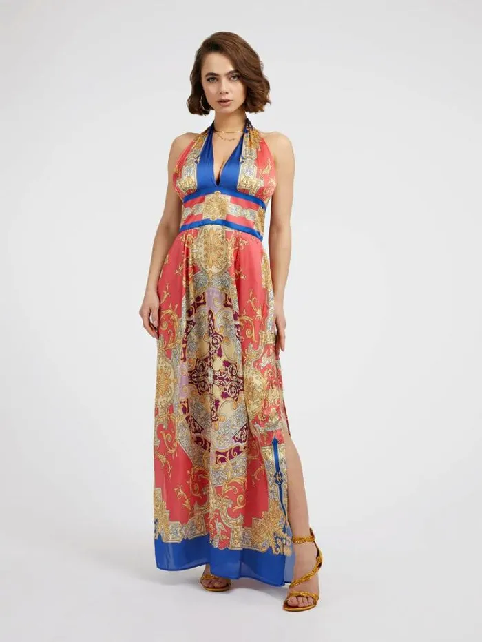 Women Baroque Print Long Dress Red Multi Guess Dresses And Jumpsuits