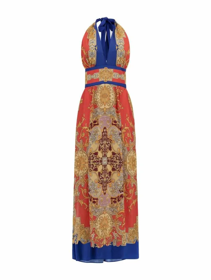 Women Baroque Print Long Dress Red Multi Guess Dresses And Jumpsuits