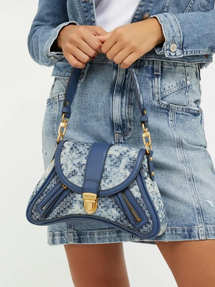 Women Belle Vintage Denim Shoulder Bag Blue Multi Guess Shoulder Bags
