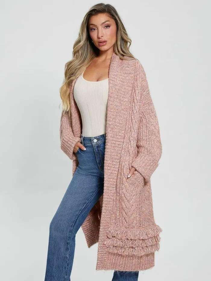 Women Cable Knit Long Cardigan Pink Guess Knitwear And Sweatshirts