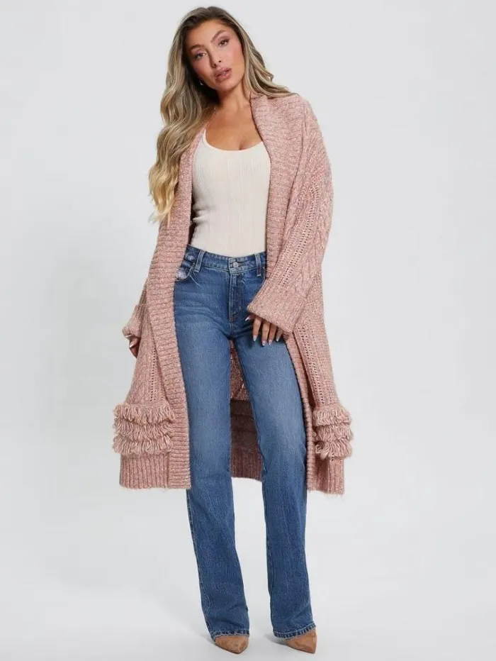 Women Cable Knit Long Cardigan Pink Guess Knitwear And Sweatshirts