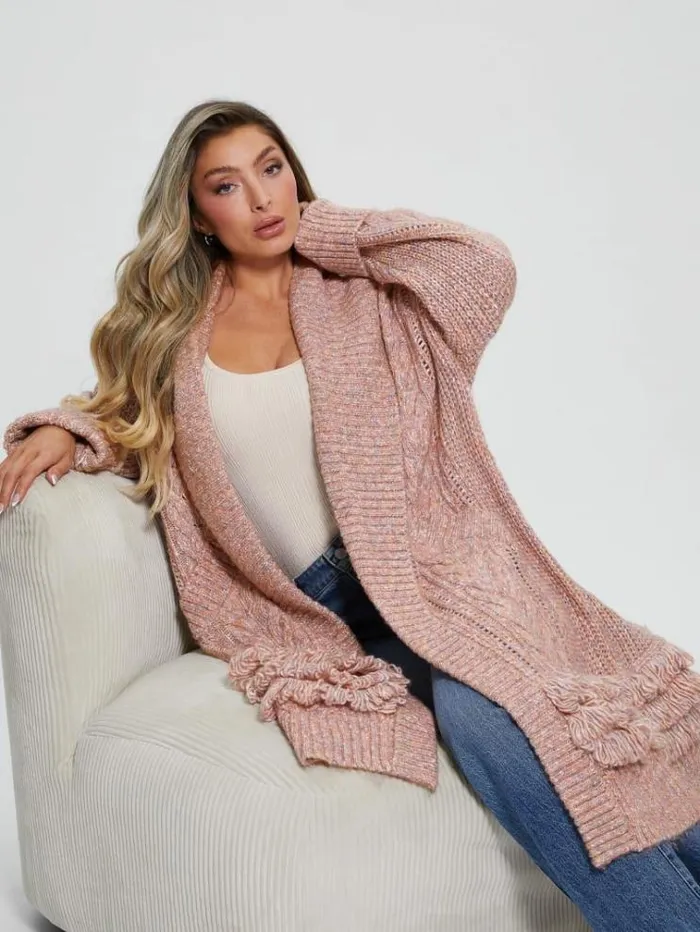 Women Cable Knit Long Cardigan Pink Guess Knitwear And Sweatshirts