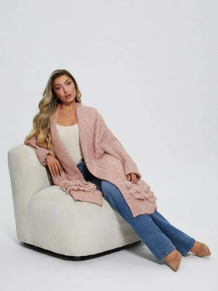 Women Cable Knit Long Cardigan Pink Guess Knitwear And Sweatshirts